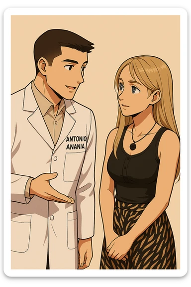 fai un webtoon/manga a colori con questo kinesiologo in camice bianco (fagli la scritta "ANTONIO ANANIA" SUL CAMICE) CHE PARLA CON QUESTA RAGAZZA CON GLI OCCHI AZZURRI. la ragazza gli fa una domanda e IL KINESIOLOGO CON IL CAMICE BIANCO LE risponde. NON FARE I FUMETTI, FAI SOLO LORO COME SE DIALOGASSERO sticker