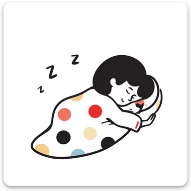 A cute curled-up sleeping person under a colorful blanket with peaceful smile and soft Z's floating. Cozy feeling with gentle pastel colors. Hand-drawn doodle style. sticker