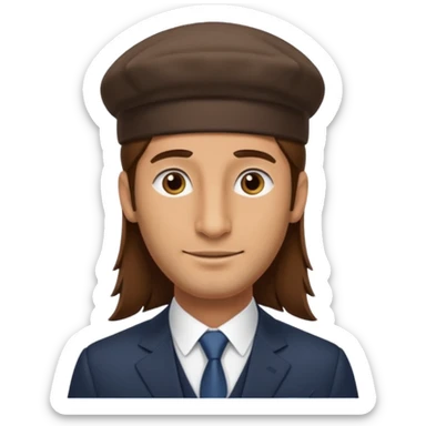Man with a long nose wearing a suit and kippah, he has long brown hair with a payot sticker