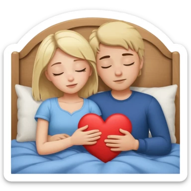 cuddling in bed, asleep. blonde girl. brunette man. eyes closed. heart between them. no headboard sticker