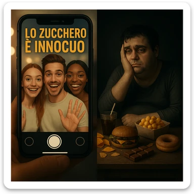 Split scene: social media side with smiling influencers promoting sugar as harmless, bright background and filters, Italian text 'LO ZUCCHERO È INNOCUO'; opposite side, a tired and overweight person surrounded by snacks and sugary drinks, dark and sad environment. Visual metaphor, dual lighting, 4K quality. sticker