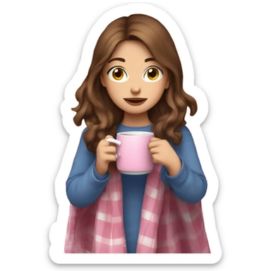 Girl with brown hair and blue eyes sipping on a tea wrapped in a pink plaid blanket  sticker