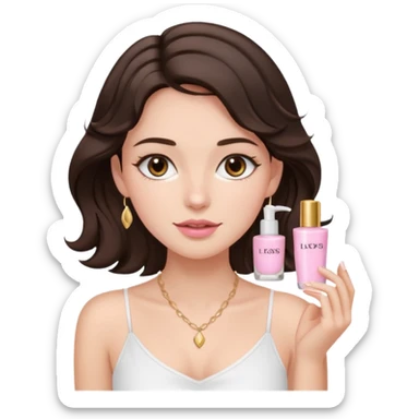 generate a pretty fair bratz girl with dark brown eyes. Dark brown hair wavy hair. light pink lipgloss. white cami top. doing skincare. Dainty gold necklace sticker