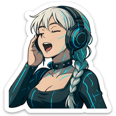 she is listening to music in headphones and JAMMIN!, a closeup portrait of young woman with gold yellow eyes, white hair, long braid, black off-shoulder top d-cup, punk gothic style, futuristic cyberwave cyberpunk,  eyes closed, singing, one hand on the headset sticker