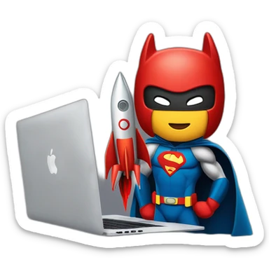 superhero with a rocket emblem sitting in front of his MacBook also with a rocket instead of an apple as the logo sticker
