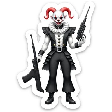 full-body muscular demonic clown, battle-ready, black and white leisure suit with bellbottom pants, bald, black ram horns, flashy black and white belt, ruffled white shirt, no neck tie, large fangs, holding very large futuristic rifle sticker