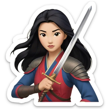 Cinematic Realistic Mulan Portrait, depicted with lifelike skin texture, soft natural lighting, and intricately detailed long black hair styled elegantly. Her deep, expressive eyes exude determination and grace, complemented by a serene yet confident expression. She stands with one hand resting on the hilt of her sword, the other by her side, exuding strength and poise. She is dressed in her classic attire, with rich fabric textures and delicate folds that catch the light beautifully. The portrait features a soft, enchanting glow with a natural, radiant finish, capturing the essence of timeless strength and beauty in a realistic and painterly style, evoking a sense of depth and authenticity. sticker