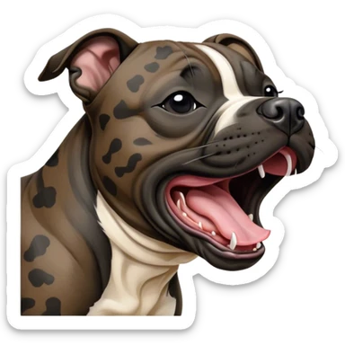 Cinematic Cute Yawning Black/Brindle Staffordshire Bull Terrier Portrait Emoji, Head tilted slightly with a dramatic, wide-open yawn, showcasing a smooth Fur with a striking black and brindle pattern, floppy ears slightly drooping, round dark eyes barely open in drowsy contentment, Simplified yet irresistibly adorable features, highly detailed, glowing with a soft, cozy glow, high shine, relaxed yet expressive, stylized with a touch of whimsy, bright and endearing, soft glowing outline, capturing the essence of a sleepy yet affectionate guardian, so drowsy it feels like it could stretch right out of the screen and curl up for a nap! sticker