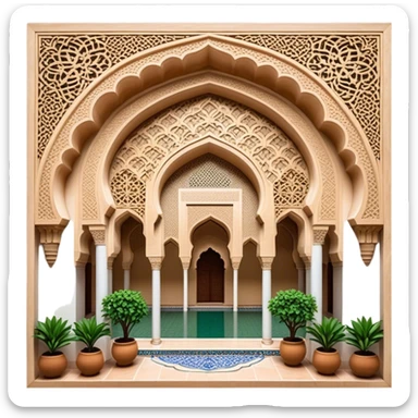 Alhambra – Cinematic Realistic Alhambra, depicted as a majestic Moorish palace with intricately carved arches, lush courtyards, and detailed tile work, bathed in soft golden light and dynamic shadows that highlight its opulent historical beauty. sticker