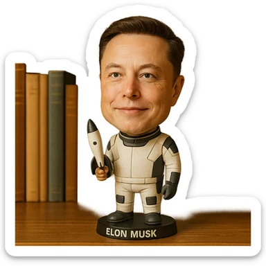 bobblehead of Elon Musk in a space suit holding a small rocket sticker