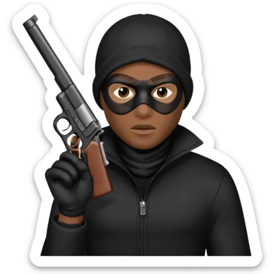 A black male in a robber mask with a gun sticker