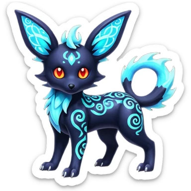Shiny Fiery Dark Glowing Eldritch Horror Cool Edgy Badass Emo Glorious Demonic Batty Punky Aural Iridescent Fluorescent Bioluminescent Umbreon-Amaura-Salandit-Litten-Flareon-Fakémon-fusion (full body) with intricate pattern markings sticker