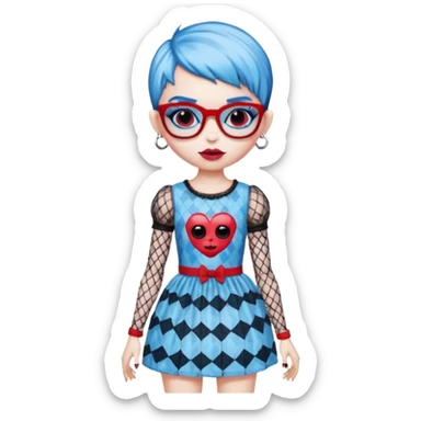 Ghoulia yelps monster high doll in scene/emo style cherry print dress with fishnet sleeves, clothes, thin, small, red, rectangle glasses, pale white-blue skin, pixie-cut sticker