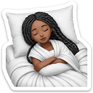 A dark-skinned Black woman with long black box braids, lying on her side in bed, wrapped in a blanket, resting on a pillow, eyes closed. sticker