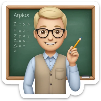 "Create a cute and detailed emoji of a male teacher writing on a chalkboard. The teacher is smiling, wearing glasses, and dressed in a casual shirt and pants. He is holding a piece of chalk and writing something on the blackboard. The style should be colorful, friendly, and cartoon-like, with simple and clear lines."
 sticker