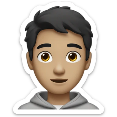 Boy with straight black hair, medium black eyes with a gray sweatshirt, with a thin face and semi-dark white skin sticker