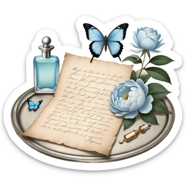 A nostalgic evening scene where an open love letter, with elegantly fading ink, lies next to a silver tray holding a vintage perfume bottle. A single pale blue butterfly lands gently on the aged parchment, as the soft scent of jasmine and peonies fills the air. sticker