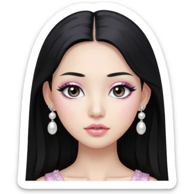 asian long black hair silver grey eyes glossy lips glittery white and light pink eyeshadow girl pearl earrings sticker