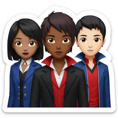 Solo poly platonic relationship, one is south African girl, one is Asian boy, one is biracial features Asian tomboy girl with anime short hair with long hair, vampire and marvel cosplay elements inspired. sticker