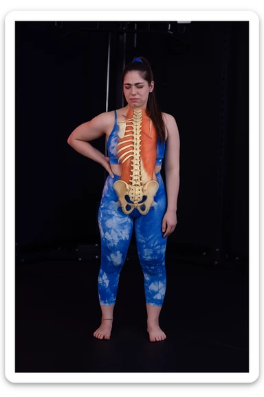 A woman with back pain, add an anatomically highlighted back on the body, variant 1, in a style suitable for editing and anatomical clarity. sticker