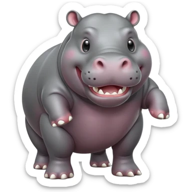 cinematic-hippo-realistic-full-body-side-view-standing-on-all-fours-emoji,-massive-round-frame,-wide-mouthed-grin-exposing-huge-teeth,-head-tilted-dramatically,-thick-grey-hide-glossy sticker