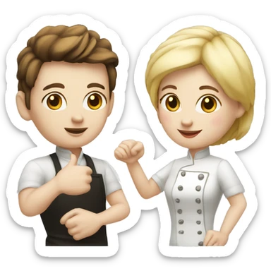 restaurant owner with white skin, and blogger with white skin, shaking hands in great detail sticker