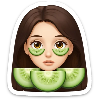 brunette girl with beautiful brown eyes and long hair, cucumber slices on eyes sticker