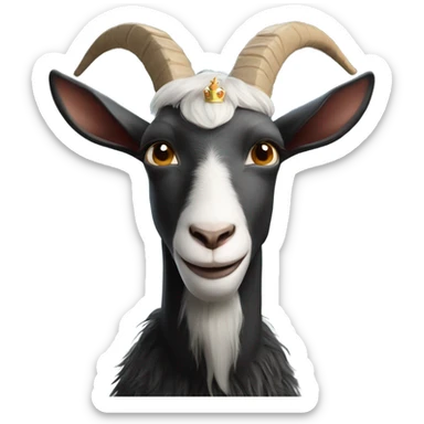 Goat with horns wearing a black sweater and royal crown sticker