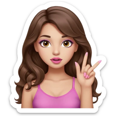 girl with long wavy brown hair, brown eyes, light to medium complexion, in a pink sexy top, pink lips, long lashes, silent motion with the hand one finger up by the mouth sticker