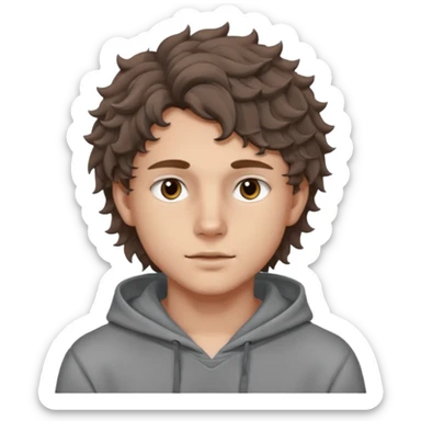 18 year old boy siren eyes good jawline with grey hoodie and long brown wavy curly wolf cut hair sticker