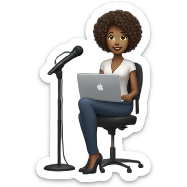 black woman, curly hair, news reporter with microphone sticker