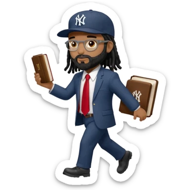 African American man with shoulder length black dreadlocks with black beard wearing a New York Yankees logo baseball cap wearing a suit with red tie walking right holding a Holy Bible sticker