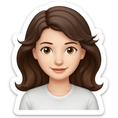 A White girl with wavy and dark hair, light brown eyes and a white shirt smiling sticker