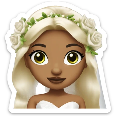 Bratz, bride, black half up half down hair, olive skin, green almond cat eyes sticker
