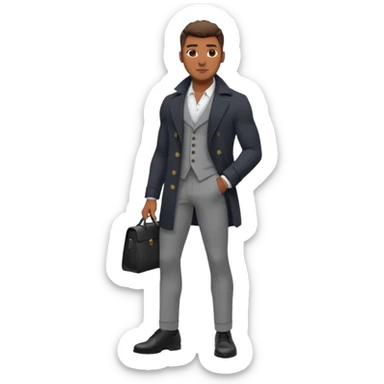 Handsome Black guy with brown skin tone, with lean muscular build, wearing gray slacks, a long sleeved white button up top, black shoes, and a black pea coat  sticker