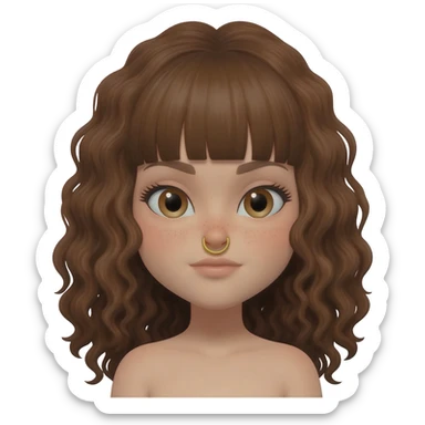 Make her head lean even more forward and make it a girl with long brown curly hair and bangs and a septum nose ring gold hoop sticker
