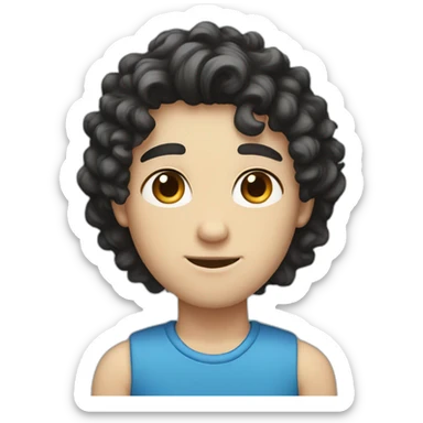 White skinny boy, curly medium long hair, black Eyes, black hair, blue skirt sticker