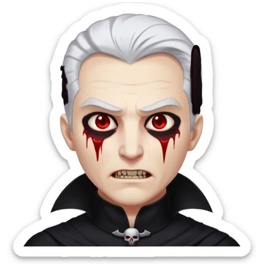 Creat a young man Vampire with white skin and white hair "make him have slide back hair" and full black vampire clothes and bloody eyes and long fangs and scary dead sleepy eyes and silver logo on his neck sticker