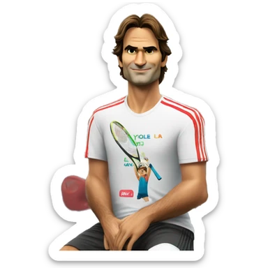 Roger federer with a Tshirt saying "La multi ani, Alex Coman! You are my role model" sticker