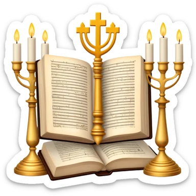 An icon featuring a Torah scroll, Menorah, Bible, Orthodox cross, Quran, and a Buddha statue, symbolizing the study of religions. The design includes diverse religious symbols arranged harmoniously, representing global faiths and spiritual practices. Transparent background sticker