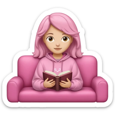 Una chica linda de cabello oscuro con ondas hasta los hombros de piel blanca con una sudadera rosa en un sofá cómodo y hermoso leyendo la biblia sticker