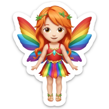 fairy with long orange hair, rainbow wings, red dress, happy, chibi full body sticker