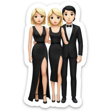 Blonde woman, black, Long, tight, sleveless Dress, Slot left Leg, man, black Hair, in Dinner jacket sticker