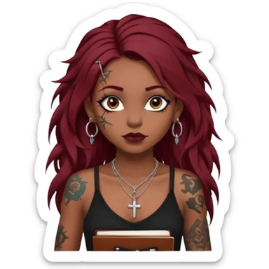 generate an ios genmoji of a dusky girl with long dark red messy hair with eyeliner on her eyes. septum piercing, wearing a cami black top, has tattoos, on shoulders. ear piercings. wearing a cross silver necklace. carrying a lot of sketchbooks sticker