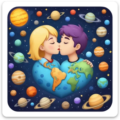 Solar system with heart-shaped planets and couples kissing, cute characters embracing on different planets, colorful cosmic scene sticker