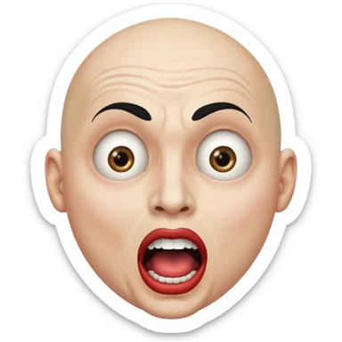a bald cabaret actor with a white, dry, long, made-up face and heavily made-up eyes and mouth, a huge, wide-open mouth and a startled look sticker