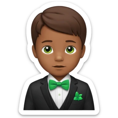 baby boy brown hair in suit, with green bow sticker