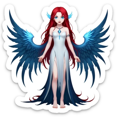full body portrait of an extremely diabolical girl with pale white skin, massive towering wings, very long flowing blood red hair, glowing blue eyes, black hellfire aura, completely plain head with no accessories or features except hair, evil grin, no necklace sticker