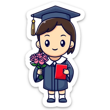 Cute Japanese high school girl in graduation ceremony with bouquet and diploma sticker