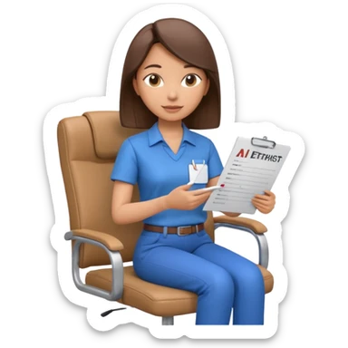 Generate an emoji of a female AI ethicist in blue shirt brown pant sitting in a chair and has a checklist stating AI ethics elements like stop bias, fairness score. I want 3d figurine sticker